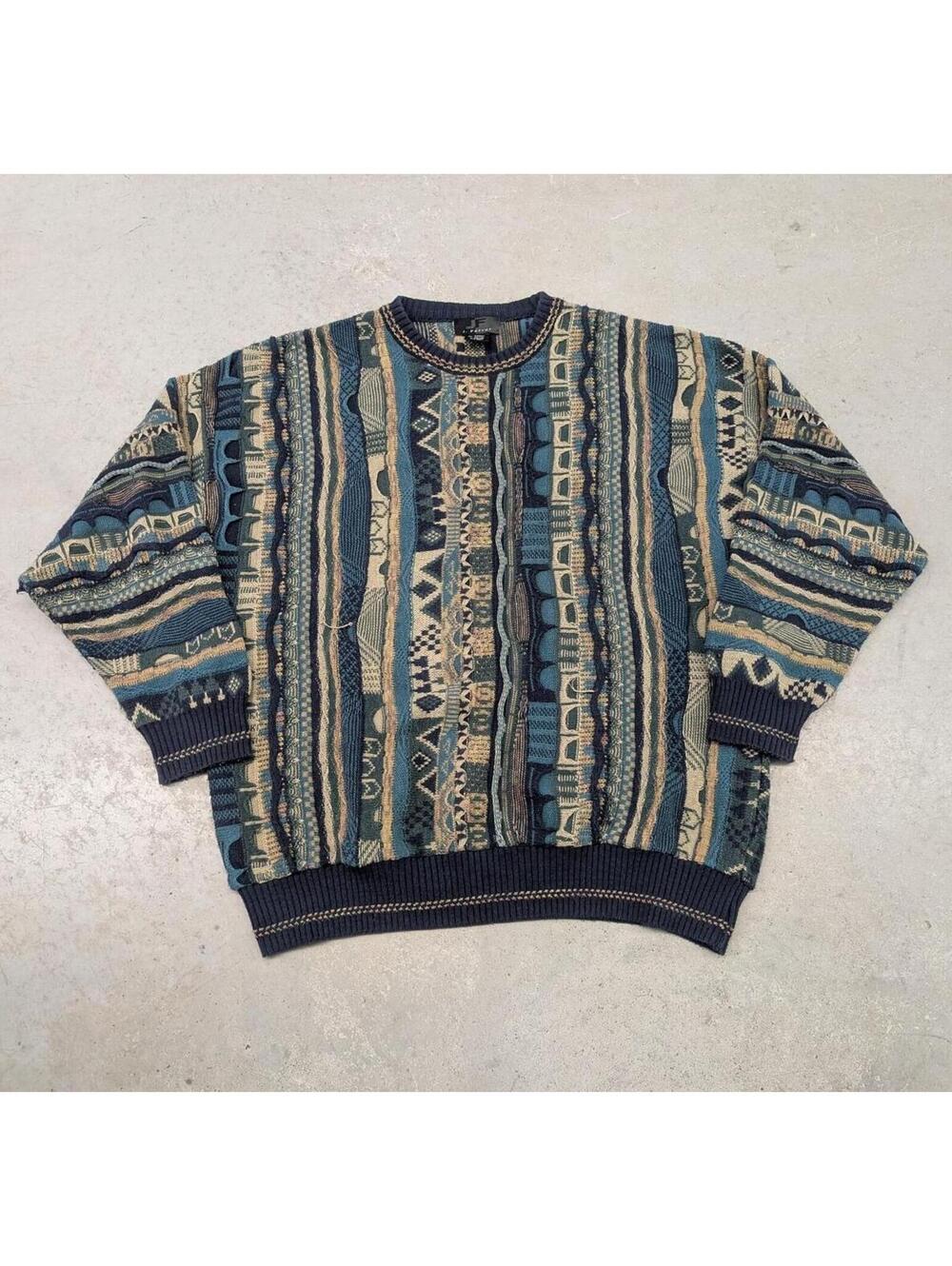 Vintage 90s Green and Blue Coogi Style 3D Knit Sweater
